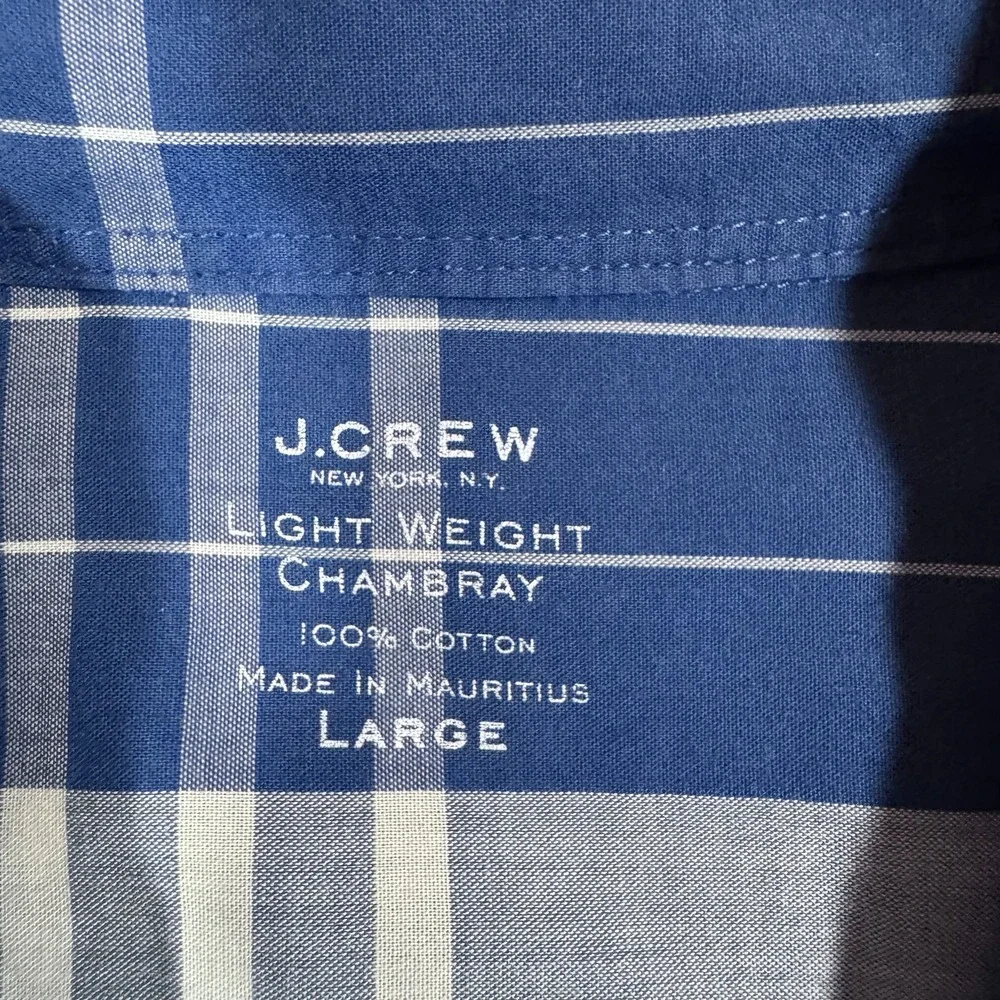 J Crew‎ Shirt Mens Large Blue Gray Plaid Lightweight Chambray Button Up Casual